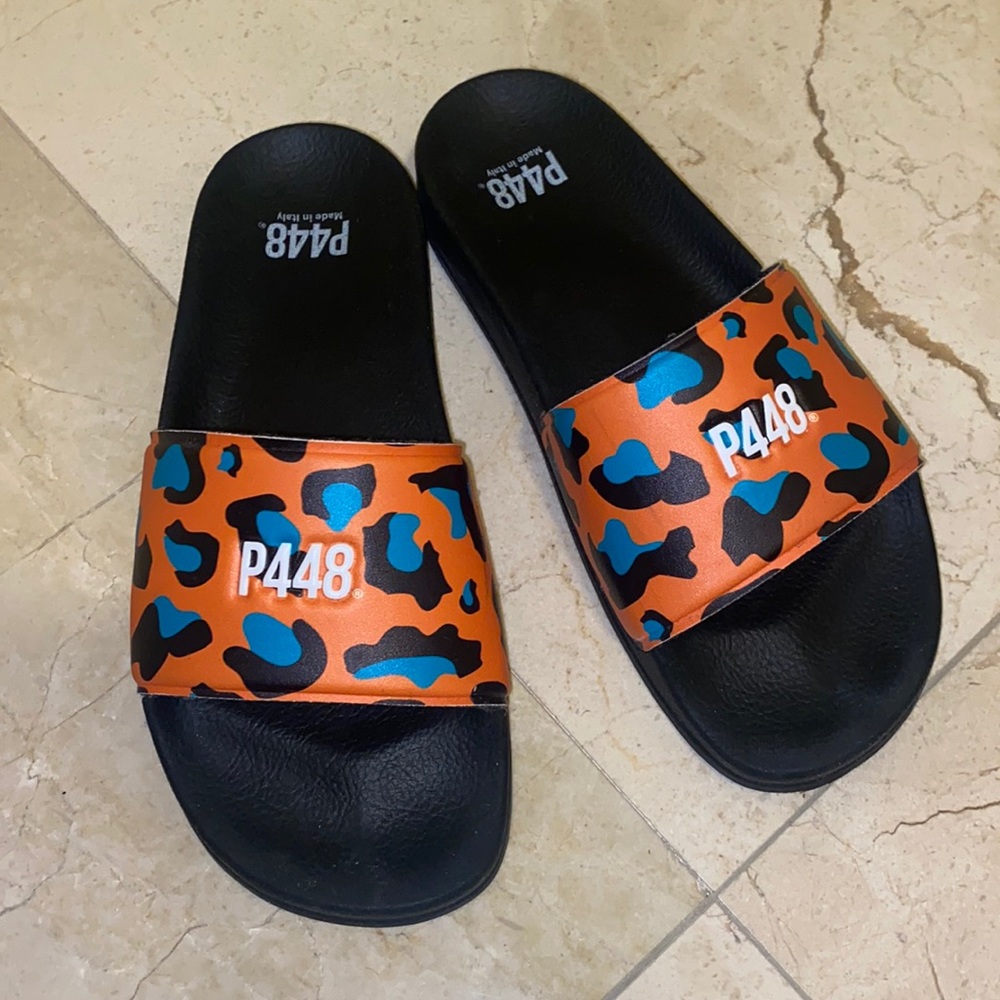 P448 Teal and Orange Cheetah Print Slide On Sandals